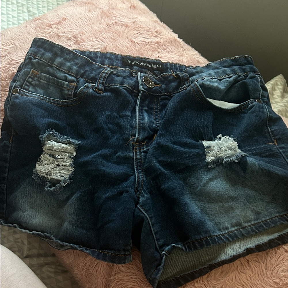Trendy Dark Blue Distressed Jean Shorts